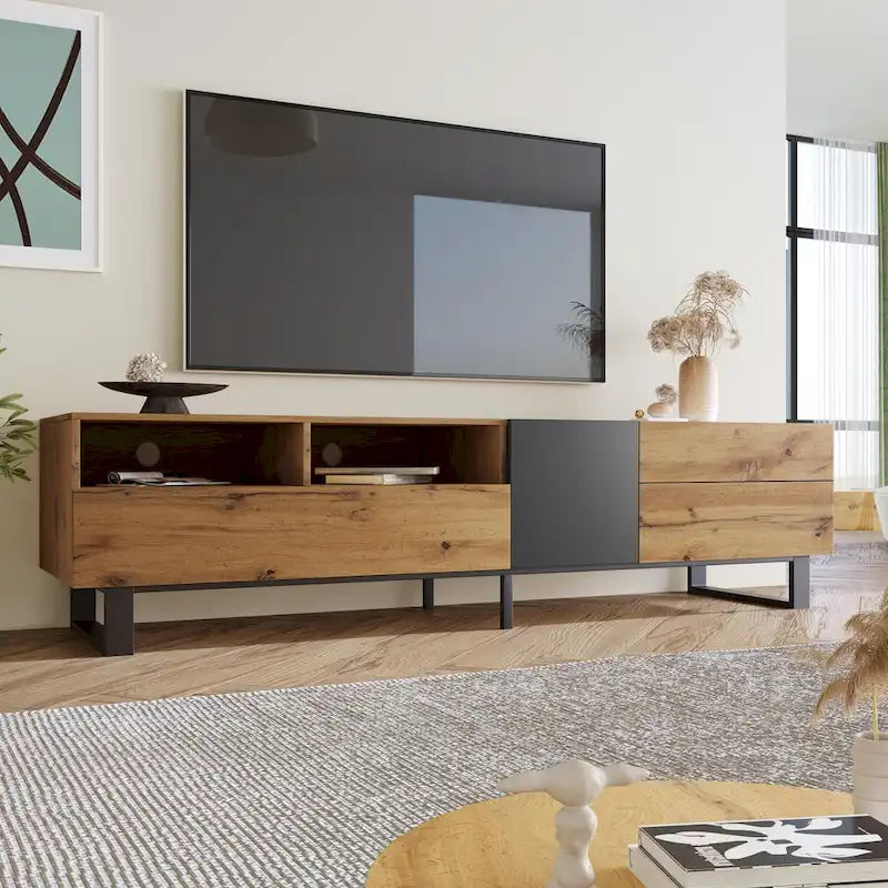 Meuble TV pour téléviseur de 80 pouces avec double espace de rangement, console multimédia, centre de divertissement avec porte abattante