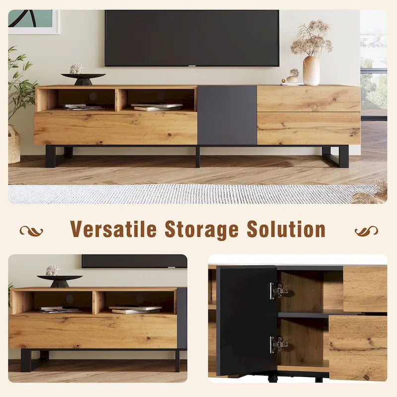 Meuble TV pour téléviseur de 80 pouces avec double espace de rangement, console multimédia, centre de divertissement avec porte abattante