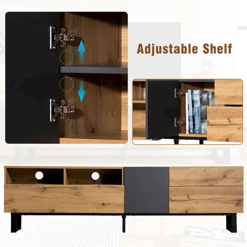 Meuble TV pour téléviseur de 80 pouces avec double espace de rangement, console multimédia, centre de divertissement avec porte abattante