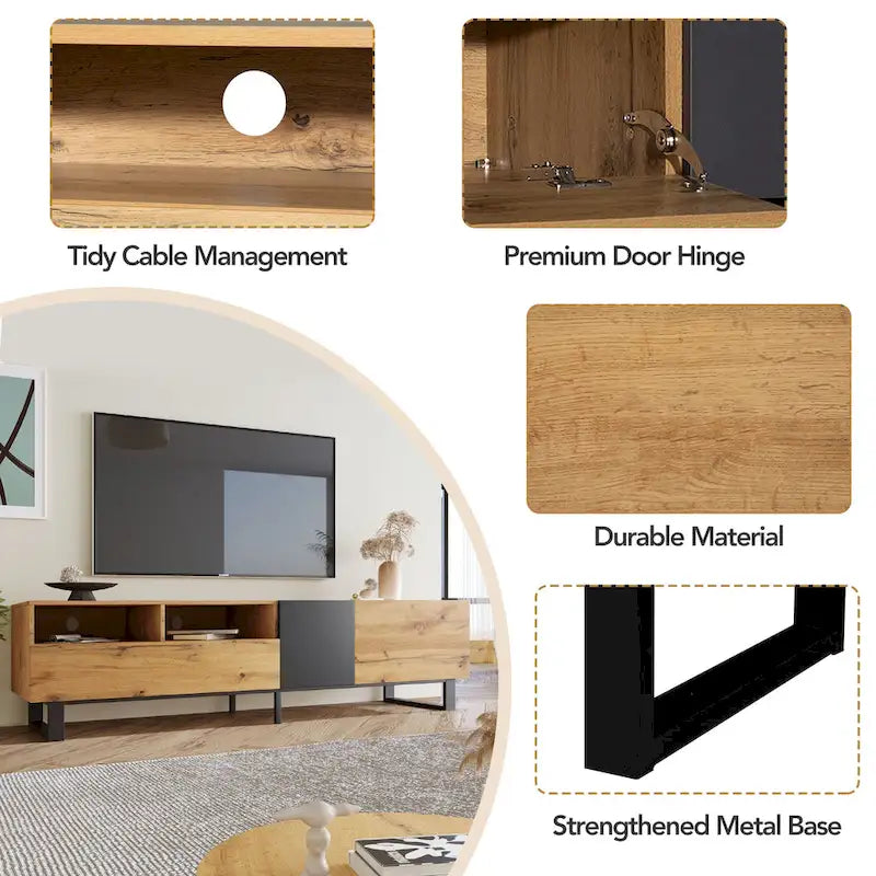 Meuble TV pour téléviseur de 80 pouces avec double espace de rangement, console multimédia, centre de divertissement avec porte abattante