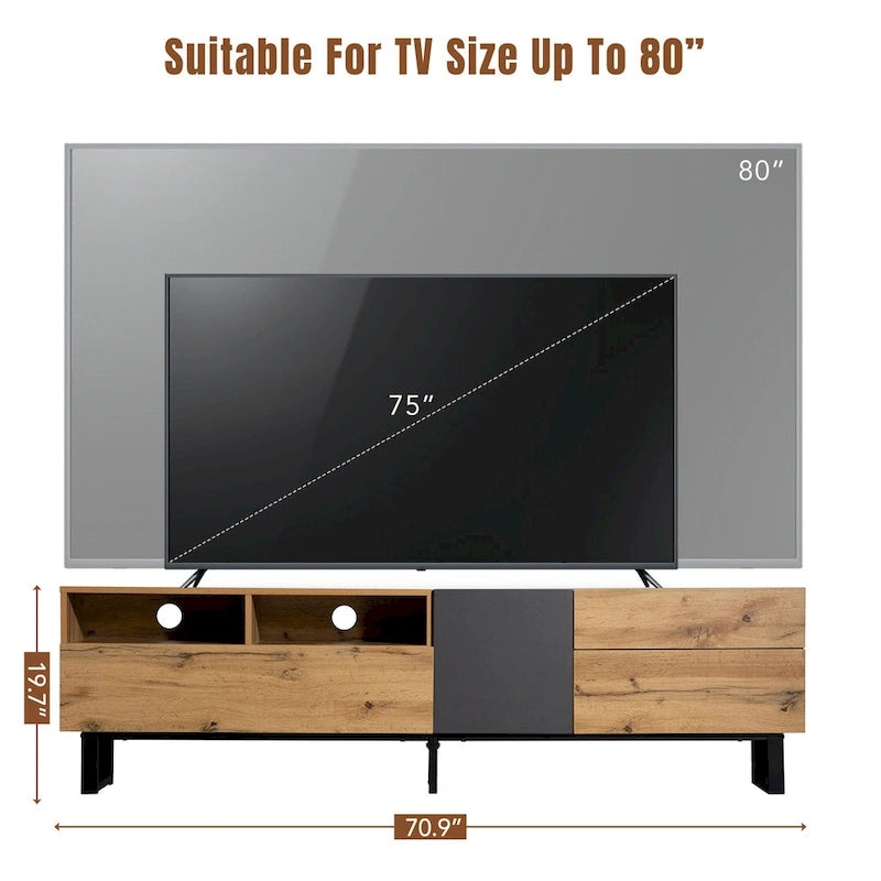 Meuble TV pour téléviseur de 80 pouces avec double espace de rangement, console multimédia, centre de divertissement avec porte abattante