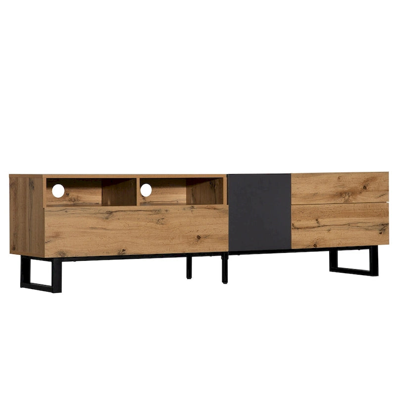 Meuble TV pour téléviseur de 80 pouces avec double espace de rangement, console multimédia, centre de divertissement avec porte abattante