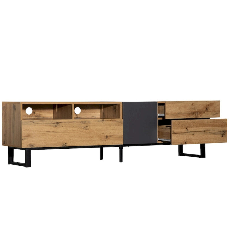 Meuble TV pour téléviseur de 80 pouces avec double espace de rangement, console multimédia, centre de divertissement avec porte abattante