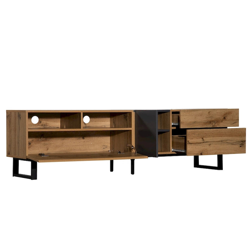 Meuble TV pour téléviseur de 80 pouces avec double espace de rangement, console multimédia, centre de divertissement avec porte abattante