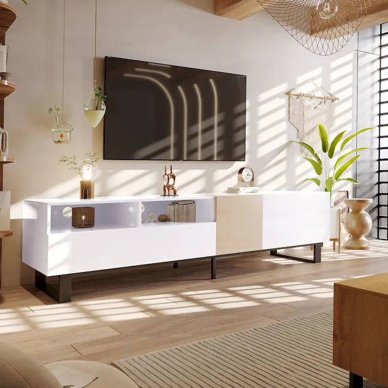 Meuble TV pour téléviseur de 80 pouces avec double espace de rangement, console multimédia, centre de divertissement avec porte abattante