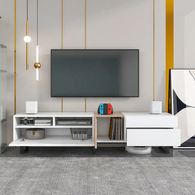 Meuble TV pour téléviseur de 80 pouces avec double espace de rangement, console multimédia, centre de divertissement avec porte abattante