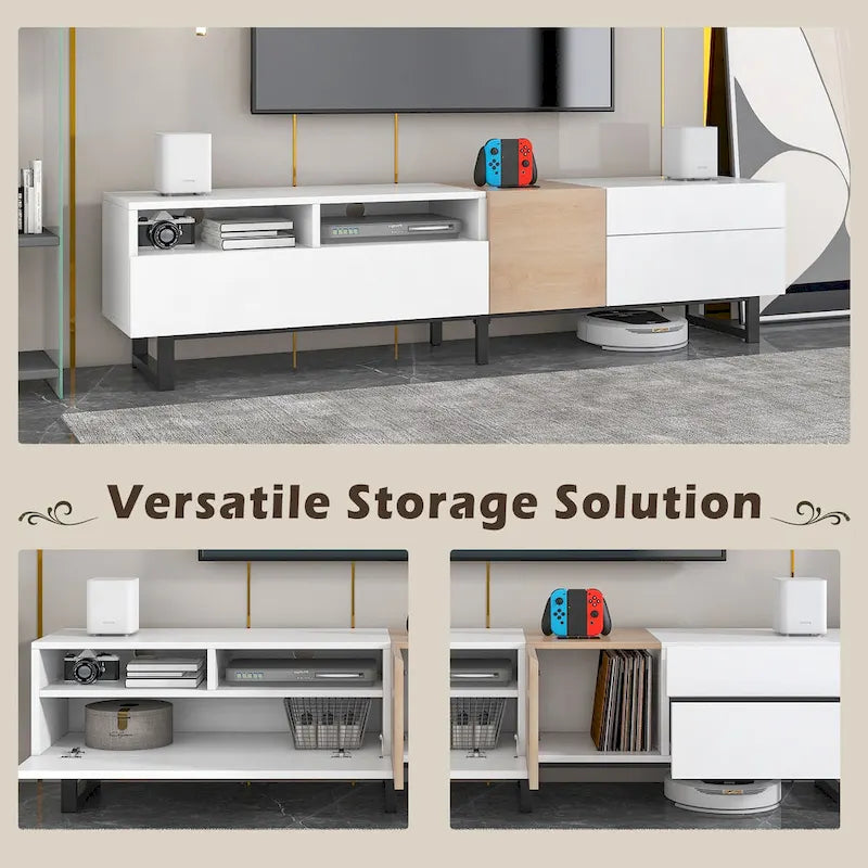 Meuble TV pour téléviseur de 80 pouces avec double espace de rangement, console multimédia, centre de divertissement avec porte abattante