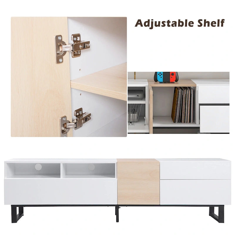 Meuble TV pour téléviseur de 80 pouces avec double espace de rangement, console multimédia, centre de divertissement avec porte abattante