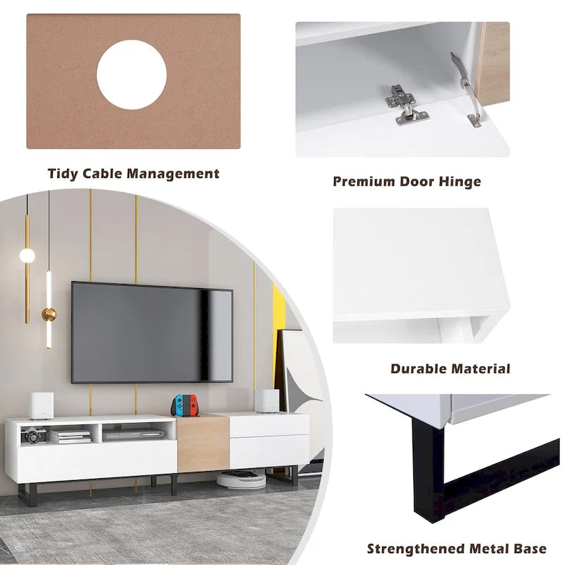 Meuble TV pour téléviseur de 80 pouces avec double espace de rangement, console multimédia, centre de divertissement avec porte abattante