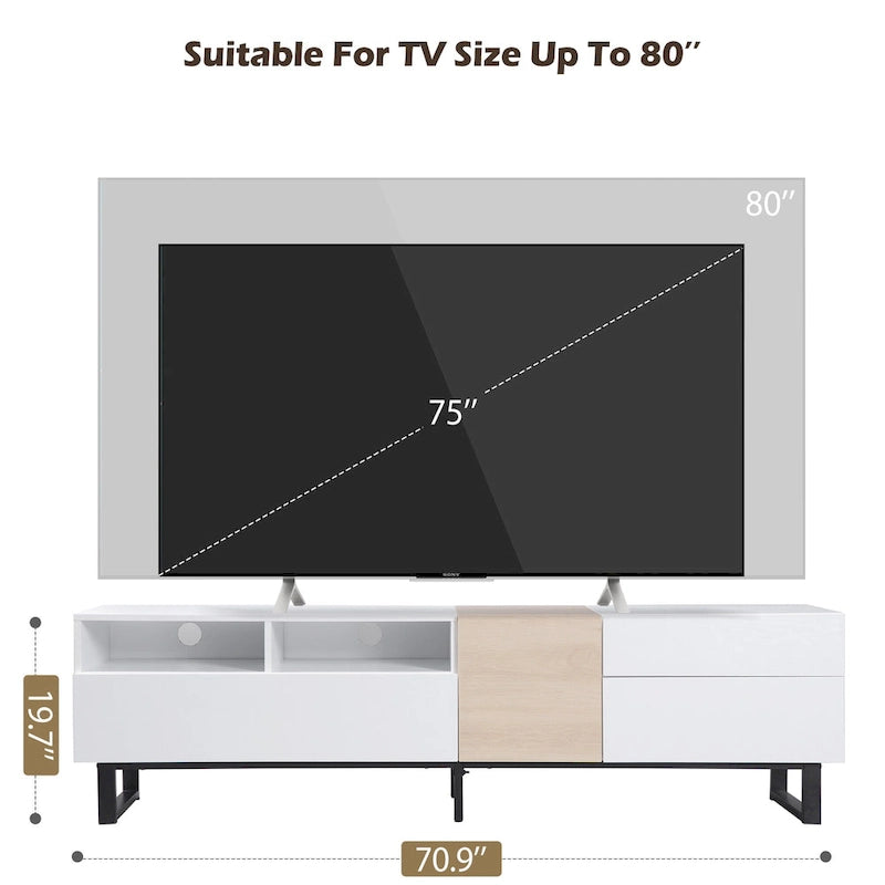 Meuble TV pour téléviseur de 80 pouces avec double espace de rangement, console multimédia, centre de divertissement avec porte abattante