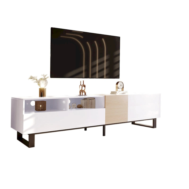 Meuble TV pour téléviseur de 80 pouces avec double espace de rangement, console multimédia, centre de divertissement avec porte abattante
