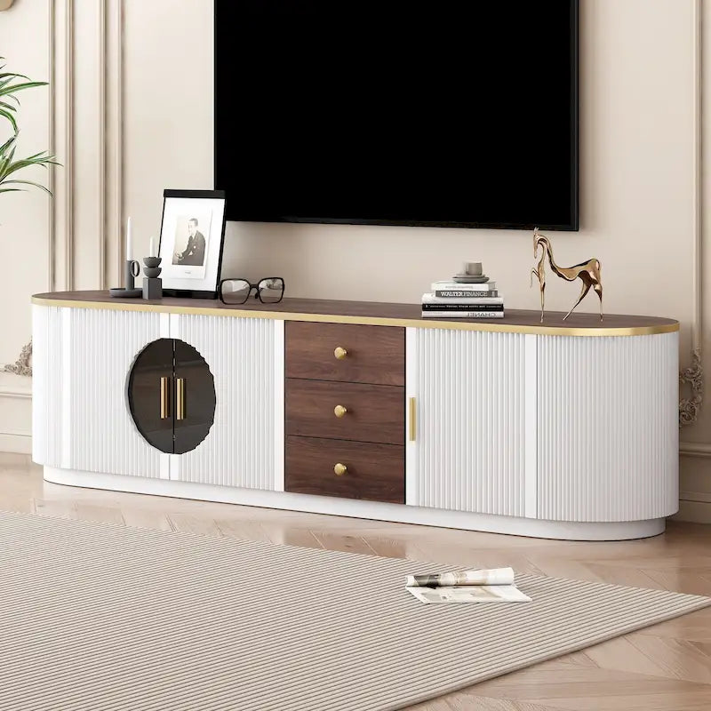 Meuble TV incurvé au sol de 70,8 po avec 3 tiroirs, meuble TV décoratif à 3 portes pour téléviseurs jusqu'à 80 po, console média