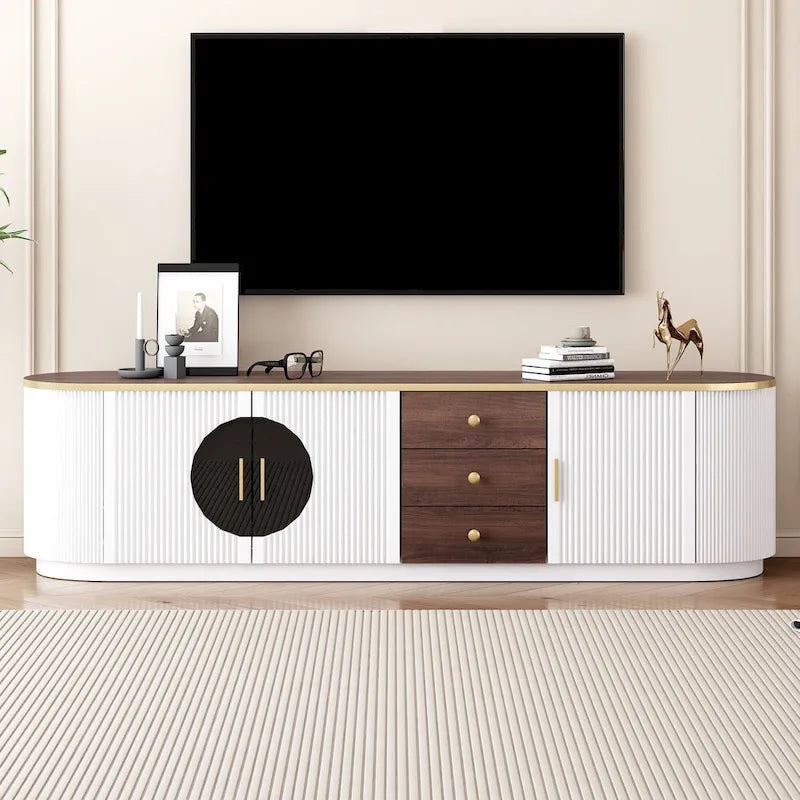 Meuble TV incurvé au sol de 70,8 po avec 3 tiroirs, meuble TV décoratif à 3 portes pour téléviseurs jusqu'à 80 po, console média