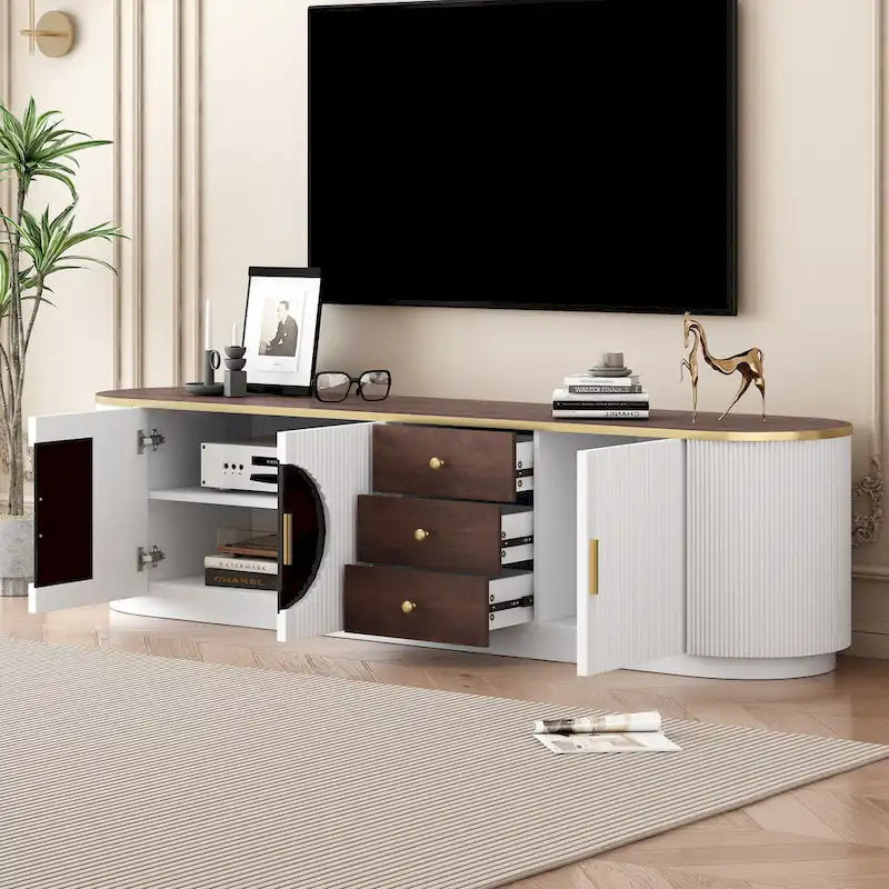 Meuble TV incurvé au sol de 70,8 po avec 3 tiroirs, meuble TV décoratif à 3 portes pour téléviseurs jusqu'à 80 po, console média