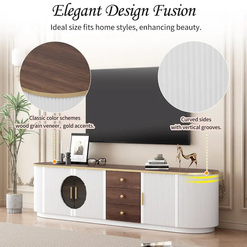 Meuble TV incurvé au sol de 70,8 po avec 3 tiroirs, meuble TV décoratif à 3 portes pour téléviseurs jusqu'à 80 po, console média