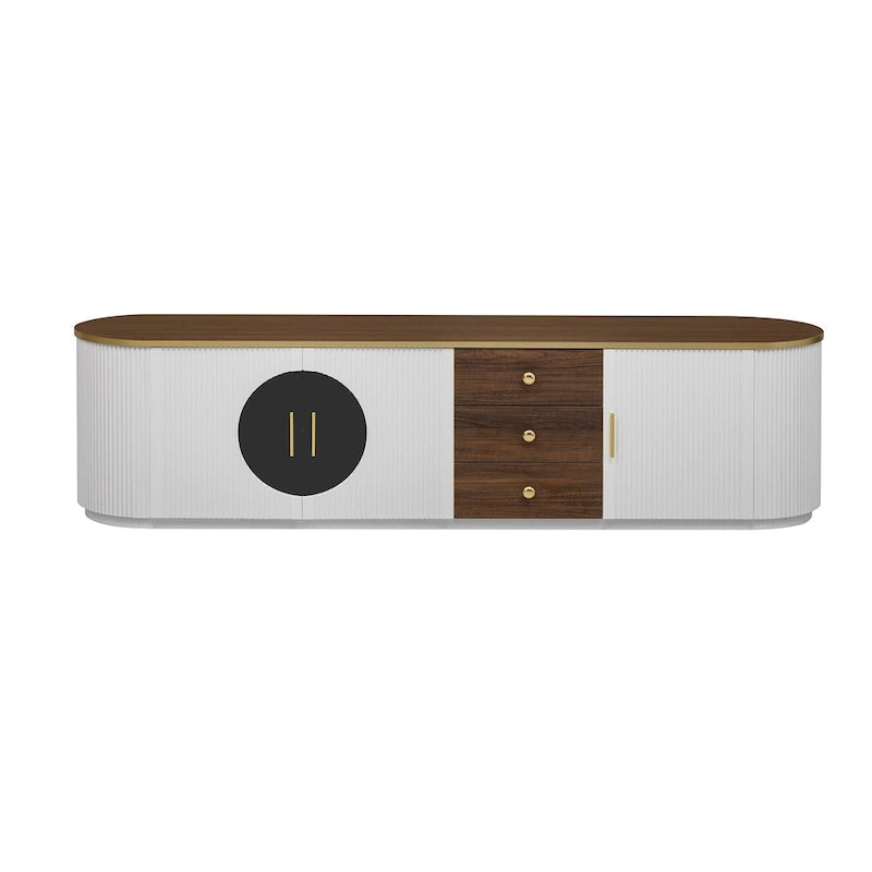 Meuble TV incurvé au sol de 70,8 po avec 3 tiroirs, meuble TV décoratif à 3 portes pour téléviseurs jusqu'à 80 po, console média
