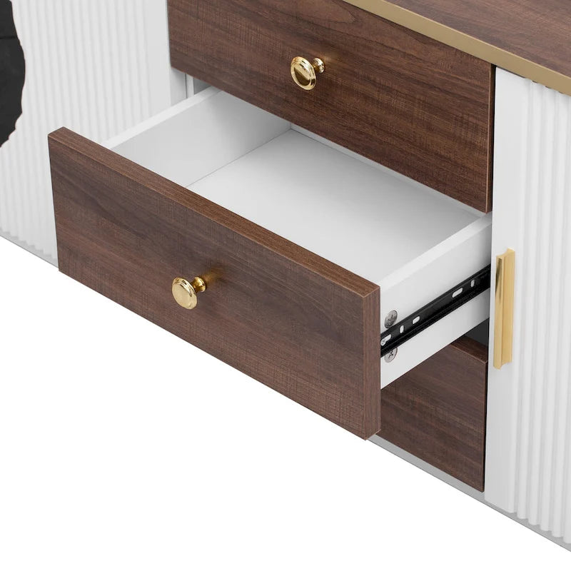 Meuble TV incurvé au sol de 70,8 po avec 3 tiroirs, meuble TV décoratif à 3 portes pour téléviseurs jusqu'à 80 po, console média