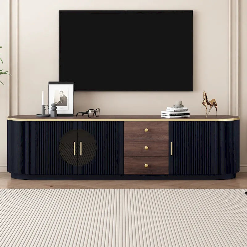 Meuble TV incurvé au sol de 70,8 po avec 3 tiroirs, meuble TV décoratif à 3 portes pour téléviseurs jusqu'à 80 po, console média