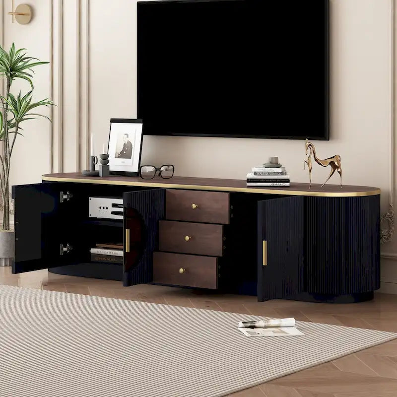 Meuble TV incurvé au sol de 70,8 po avec 3 tiroirs, meuble TV décoratif à 3 portes pour téléviseurs jusqu'à 80 po, console média
