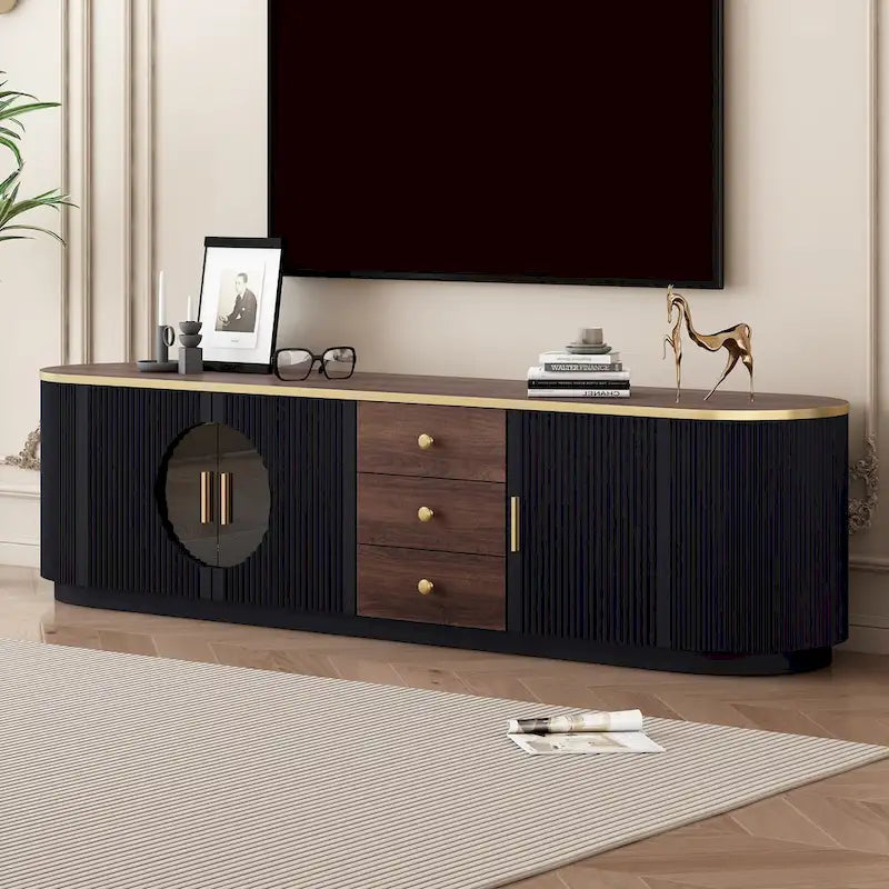 Meuble TV incurvé au sol de 70,8 po avec 3 tiroirs, meuble TV décoratif à 3 portes pour téléviseurs jusqu'à 80 po, console média