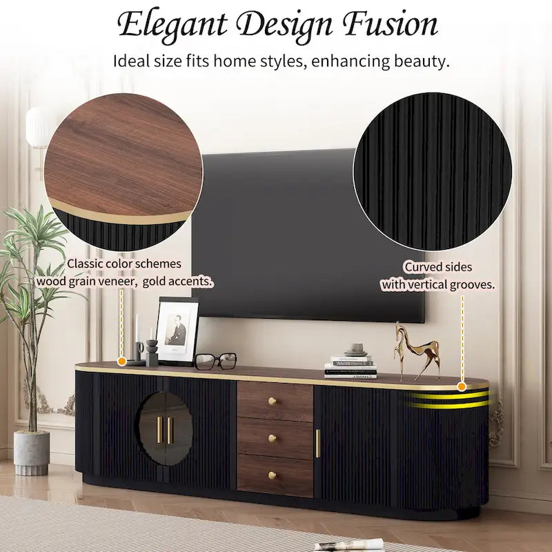 Meuble TV incurvé au sol de 70,8 po avec 3 tiroirs, meuble TV décoratif à 3 portes pour téléviseurs jusqu'à 80 po, console média