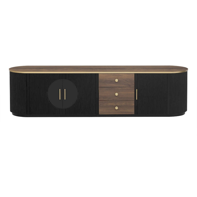 Meuble TV incurvé au sol de 70,8 po avec 3 tiroirs, meuble TV décoratif à 3 portes pour téléviseurs jusqu'à 80 po, console média