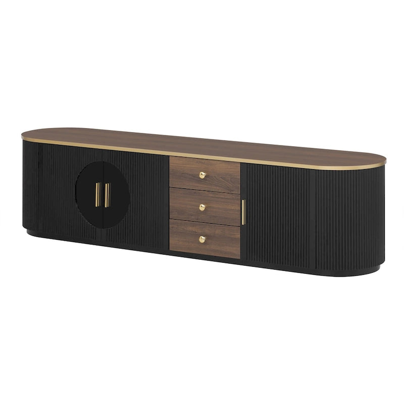 Meuble TV incurvé au sol de 70,8 po avec 3 tiroirs, meuble TV décoratif à 3 portes pour téléviseurs jusqu'à 80 po, console média