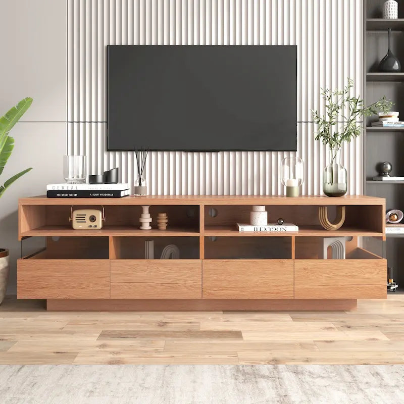 Meuble TV autoportant avec 4 tiroirs, console multimédia avec rangement transparent en acrylique pour téléviseurs jusqu'à 75 pouces