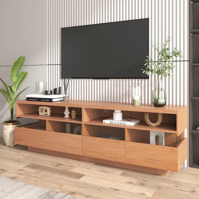 Meuble TV autoportant avec 4 tiroirs, console multimédia avec rangement transparent en acrylique pour téléviseurs jusqu'à 75 pouces