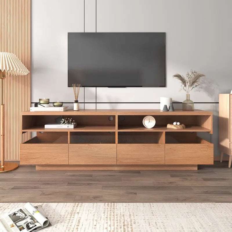 Meuble TV autoportant avec 4 tiroirs, console multimédia avec rangement transparent en acrylique pour téléviseurs jusqu'à 75 pouces