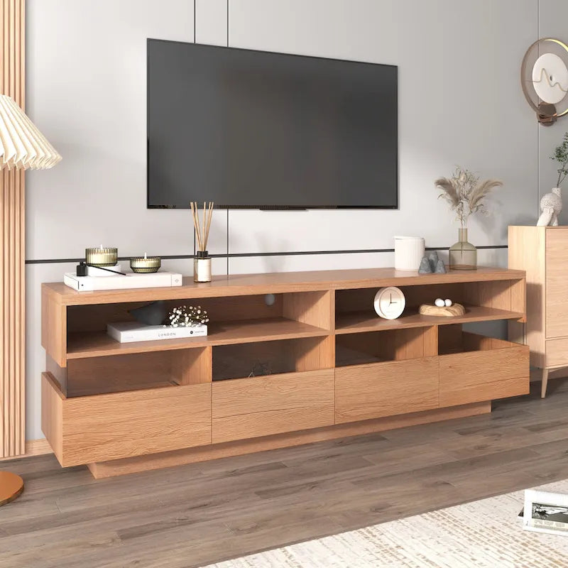 Meuble TV autoportant avec 4 tiroirs, console multimédia avec rangement transparent en acrylique pour téléviseurs jusqu'à 75 pouces