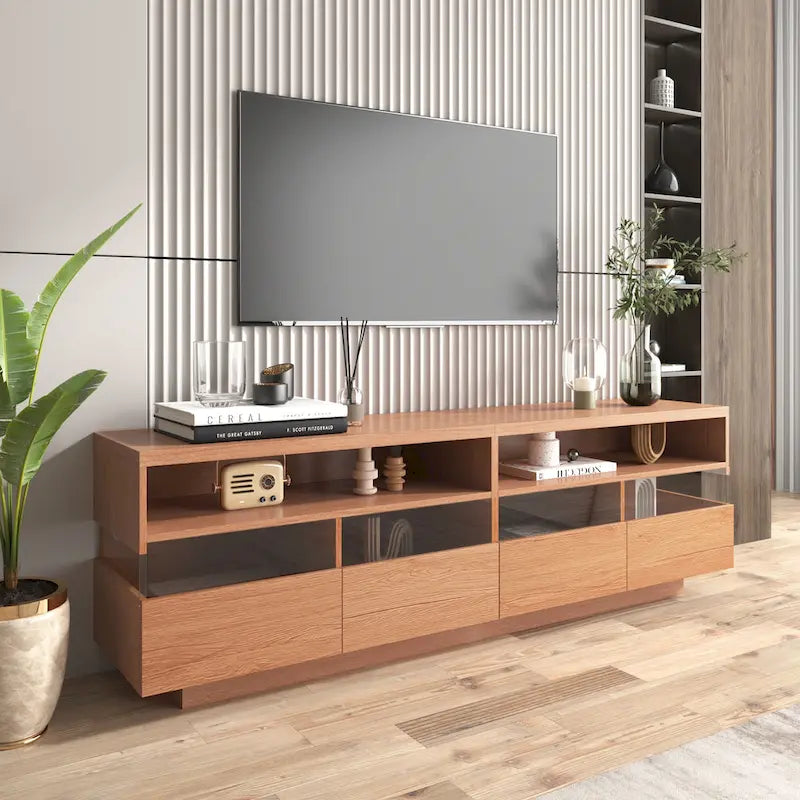 Meuble TV autoportant avec 4 tiroirs, console multimédia avec rangement transparent en acrylique pour téléviseurs jusqu'à 75 pouces