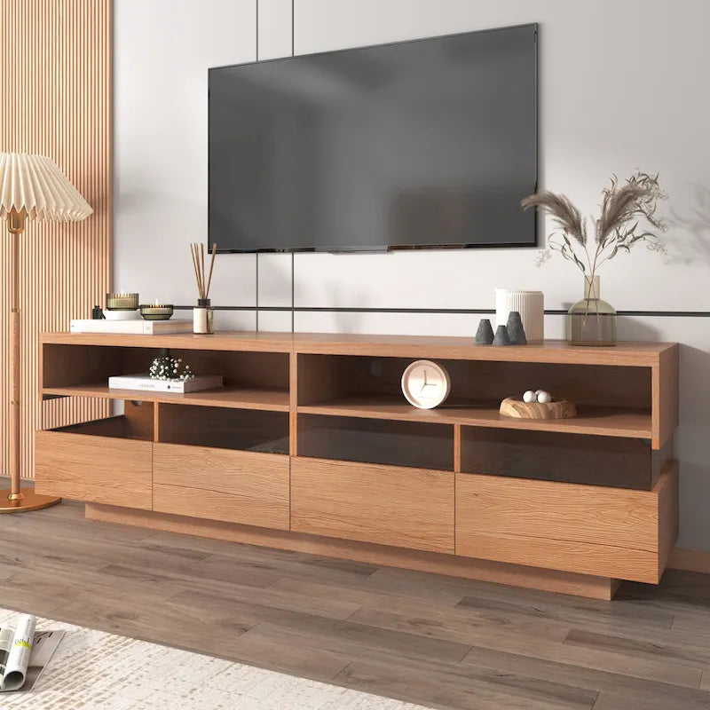 Meuble TV autoportant avec 4 tiroirs, console multimédia avec rangement transparent en acrylique pour téléviseurs jusqu'à 75 pouces