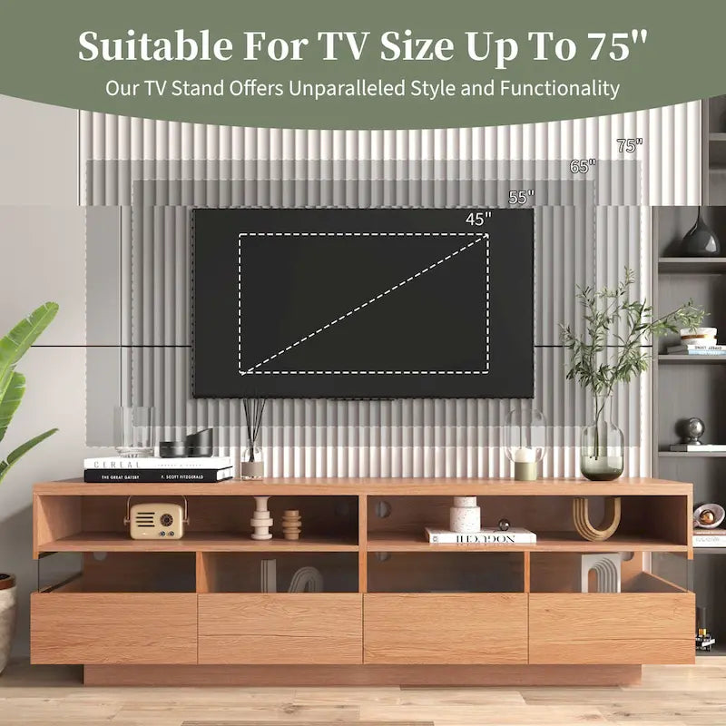 Meuble TV autoportant avec 4 tiroirs, console multimédia avec rangement transparent en acrylique pour téléviseurs jusqu'à 75 pouces