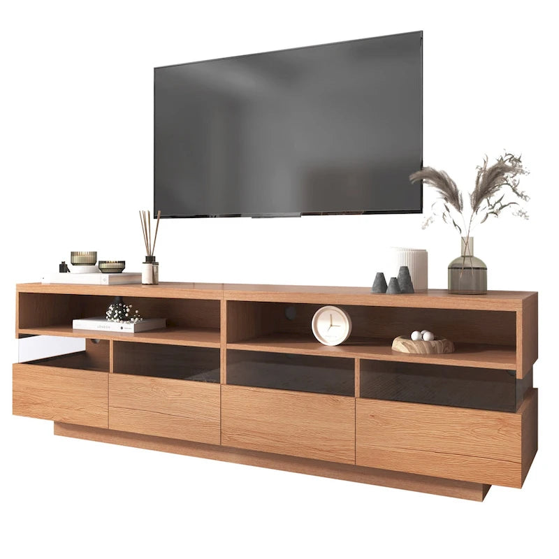 Meuble TV autoportant avec 4 tiroirs, console multimédia avec rangement transparent en acrylique pour téléviseurs jusqu'à 75 pouces