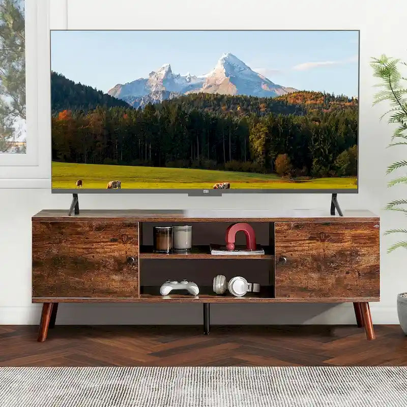 Meuble TV avec rangement pour centre de divertissement 50/55/60 pouces, avec 2 armoires et étagères