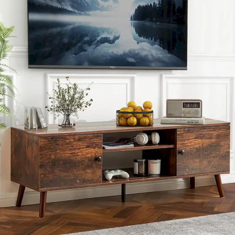 Meuble TV avec rangement pour centre de divertissement 50/55/60 pouces, avec 2 armoires et étagères