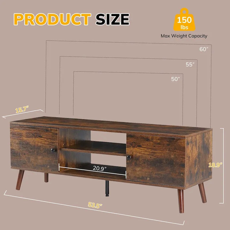 Meuble TV avec rangement pour centre de divertissement 50/55/60 pouces, avec 2 armoires et étagères