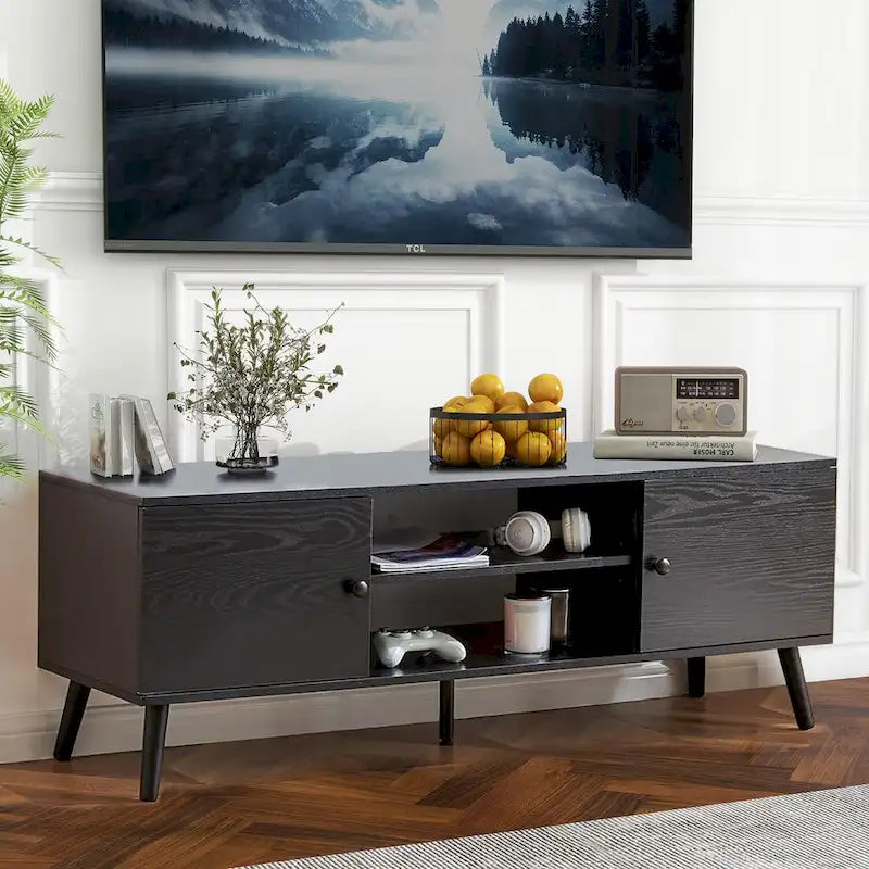 Meuble TV avec rangement pour centre de divertissement 50/55/60 pouces, avec 2 armoires et étagères