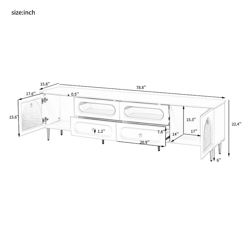 Meuble TV rétro 78,8 po, console multimédia de centre de divertissement avec six pieds en métal, 2 armoires, 4 tiroirs