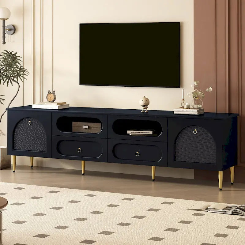Meuble TV rétro 78,8 po, console multimédia de centre de divertissement avec six pieds en métal, 2 armoires, 4 tiroirs