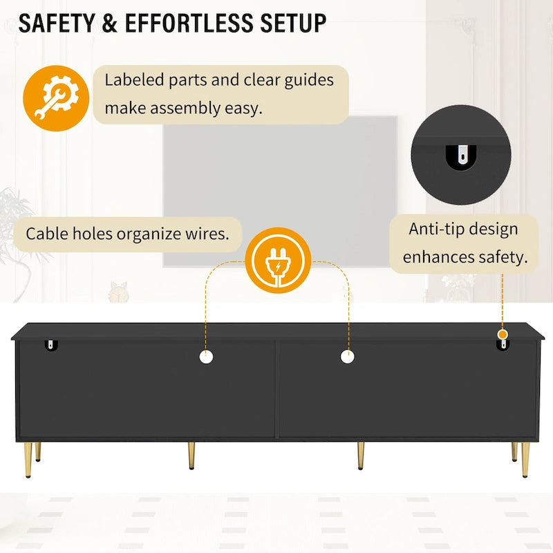 Meuble TV rétro 78,8 po, console multimédia de centre de divertissement avec six pieds en métal, 2 armoires, 4 tiroirs