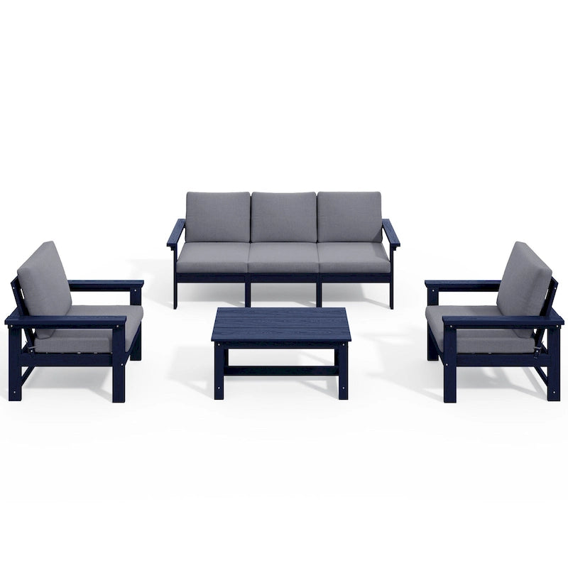 Canapé d'angle et table de jardin en PEHD, coussins déhoussables inclus