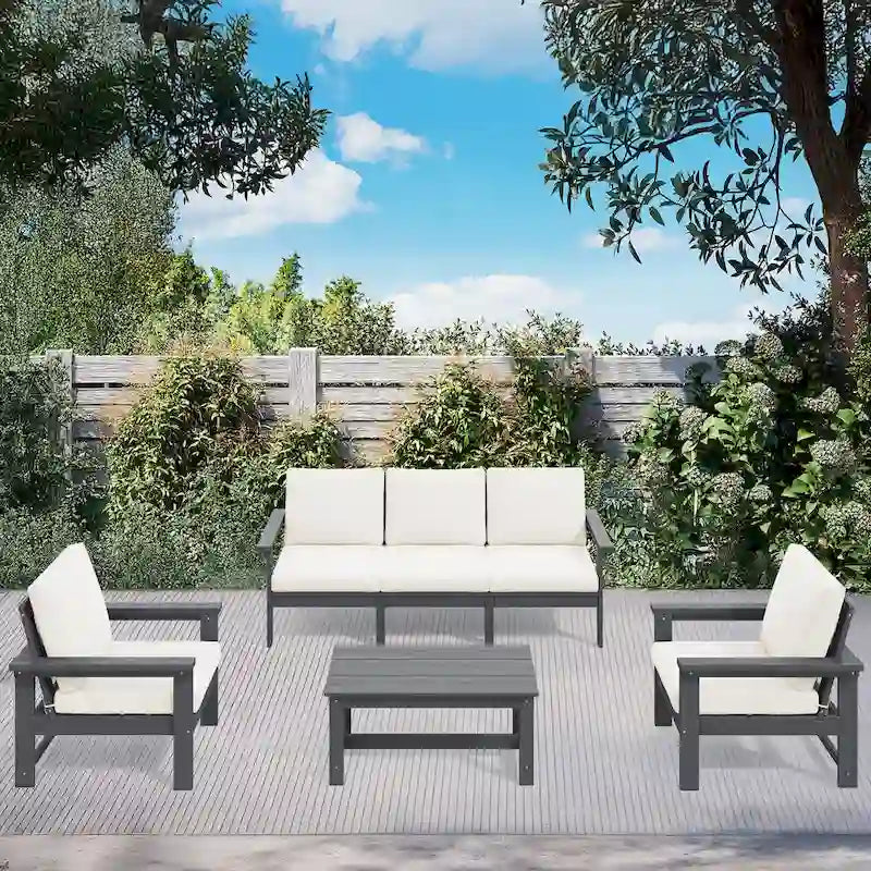Canapé d'angle et table de jardin en PEHD, coussins déhoussables inclus