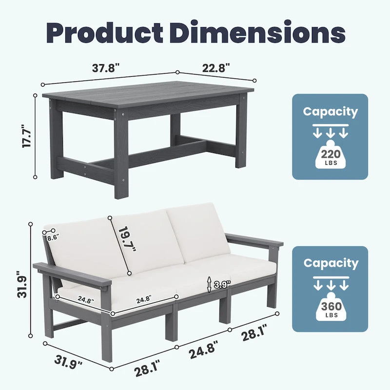 Canapé d'angle et table de jardin en PEHD, coussins déhoussables inclus