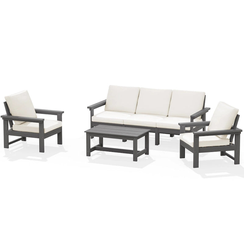 Canapé d'angle et table de jardin en PEHD, coussins déhoussables inclus