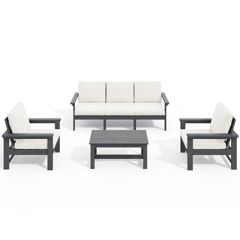 Canapé d'angle et table de jardin en PEHD, coussins déhoussables inclus