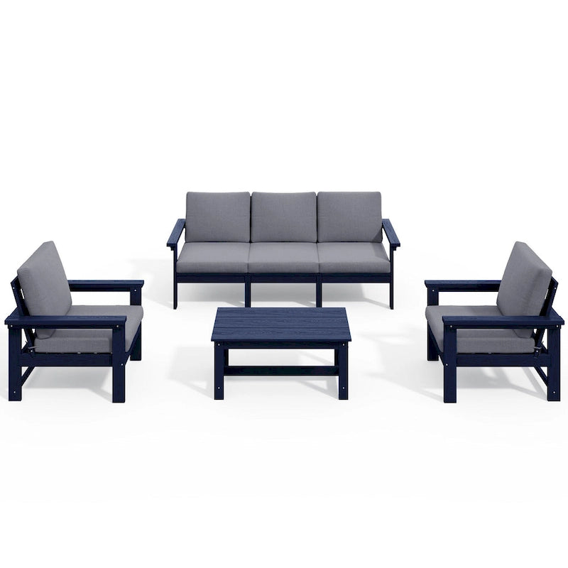 Canapé d'angle et table de jardin en PEHD, coussins déhoussables inclus