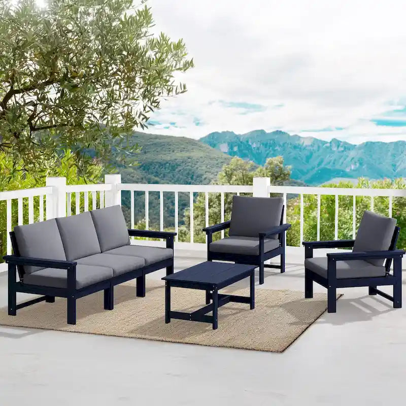 Canapé d'angle et table de jardin en PEHD, coussins déhoussables inclus