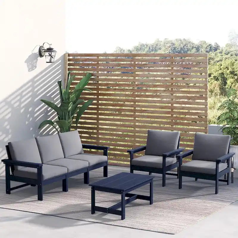 Canapé d'angle et table de jardin en PEHD, coussins déhoussables inclus